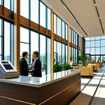 **

"A modern hotel lobby with large windows showcasing solar panels on the roof, guests checking in, LED lighting fixtures visible, recycling bins clearly marked, indoor plants, a welcoming atmosphere, fully clothed guests and staff, appropriate attire, safe for work, professional interior design, natural proportions, well-lit, family-friendly"

**