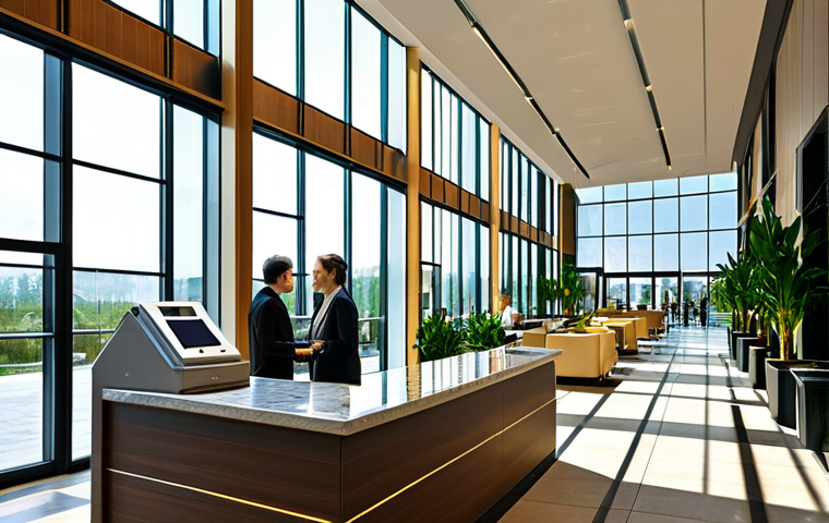 **
"A modern hotel lobby with large windows showcasing solar panels on the roof, guests checking in, LED lighting fixtures visible, recycling bins clearly marked, indoor plants, a welcoming atmosphere, fully clothed guests and staff, appropriate attire, safe for work, professional interior design, natural proportions, well-lit, family-friendly"
**
