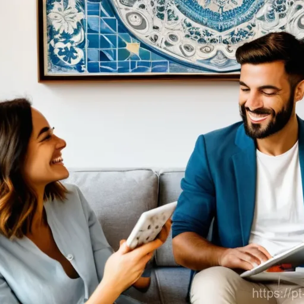 호텔 예약 시스템 - **Prompt:** A cozy, sunlit living room in a modern Portuguese apartment, featuring a young Portugues...