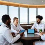 호텔 산업의 고급 인재 양성 - **Prompt:** A diverse group of young hotel staff, including a receptionist and a culinary assistant,...