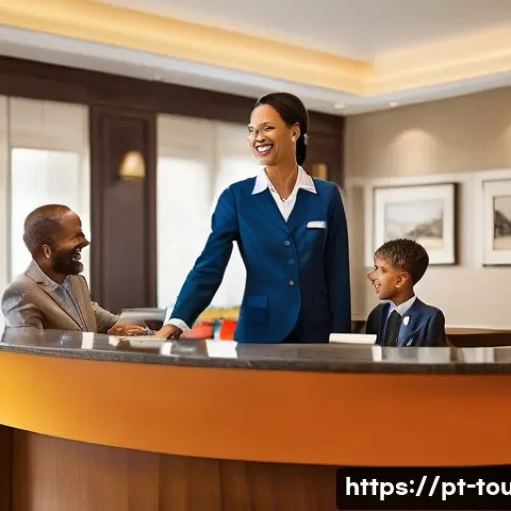 호텔경영학의 실습과 현장 경험 - **Prompt:** "A cheerful hotel receptionist assisting a diverse group of guests in a brightly lit lob...