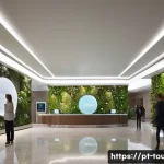 호텔경영학의 미래 전망 - **Prompt 1: Futuristic Hyper-Personalized Hotel Lobby**
    "A wide-angle, ultra-realistic cinematic...