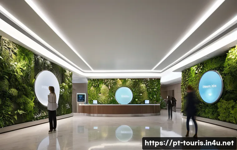 호텔경영학의 미래 전망 - **Prompt 1: Futuristic Hyper-Personalized Hotel Lobby**
    "A wide-angle, ultra-realistic cinematic...