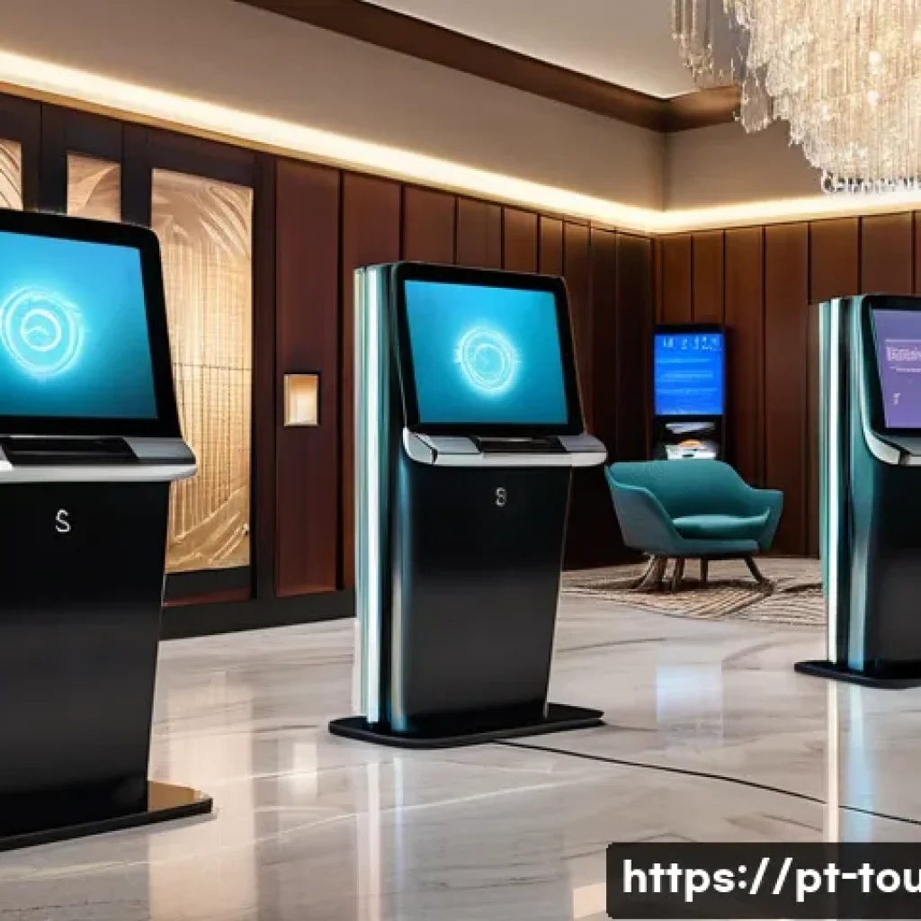 호텔 관광 산업 트렌드 - A modern hotel lobby featuring sleek automated check-in kiosks with touchscreen interfaces, a friend...