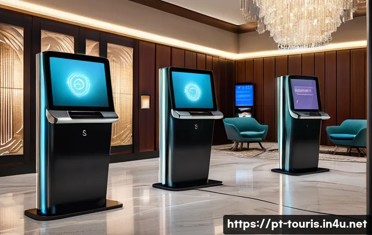 호텔 관광 산업 트렌드 - A modern hotel lobby featuring sleek automated check-in kiosks with touchscreen interfaces, a friend...