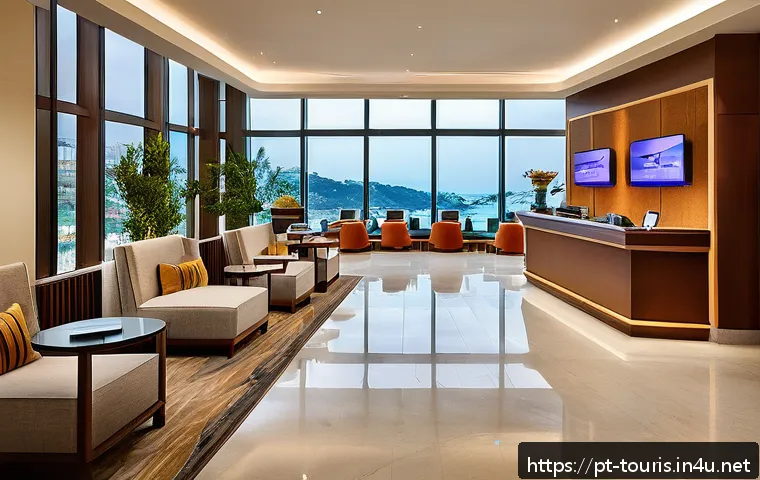 호텔 고객 만족도 향상 - A modern, elegant hotel lobby designed for comfort and personalized guest experiences, featuring war...