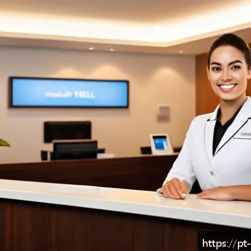 호텔 채용 과정 - A professional hotel receptionist standing confidently behind a modern hotel front desk, wearing a n...