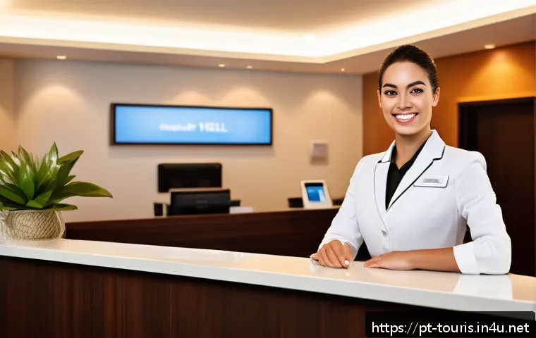 호텔 채용 과정 - A professional hotel receptionist standing confidently behind a modern hotel front desk, wearing a n...