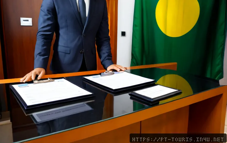 호텔 산업의 법률과 규제 - Photorealistic modern hotel reception in Brazil, professional hotel manager in a dark suit reviewing...