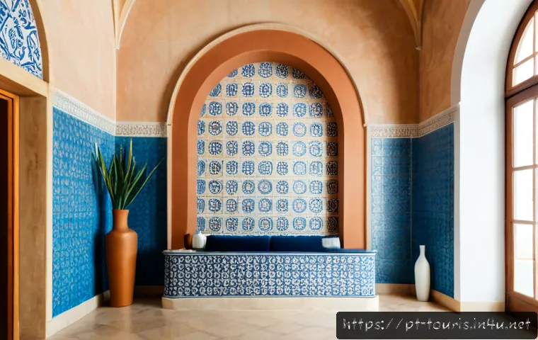 호텔 브랜드의 차별화 전략 - Photorealistic luxury boutique hotel lobby in Lisbon, Portugal, showcasing distinctive local identit...