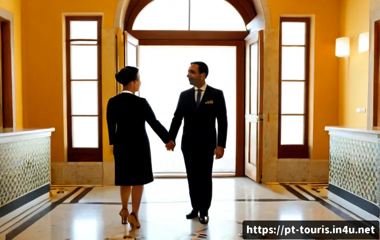 Home 17 호텔 서비스와 문화 차이 - Photorealistic upscale hotel reception in Lisbon, Portugal, a warm Portuguese concierge greeting an ...